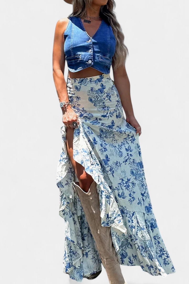 Karen | Maxi květinová sukně s rozparkem a volánky