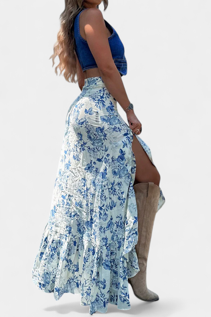 Karen | Maxi květinová sukně s rozparkem a volánky